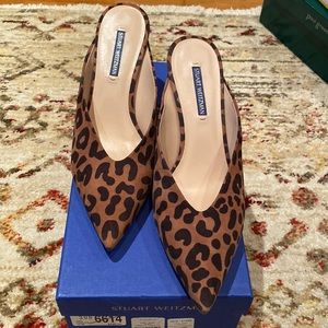 Stuart Weizmann leopard mules w kitten heels